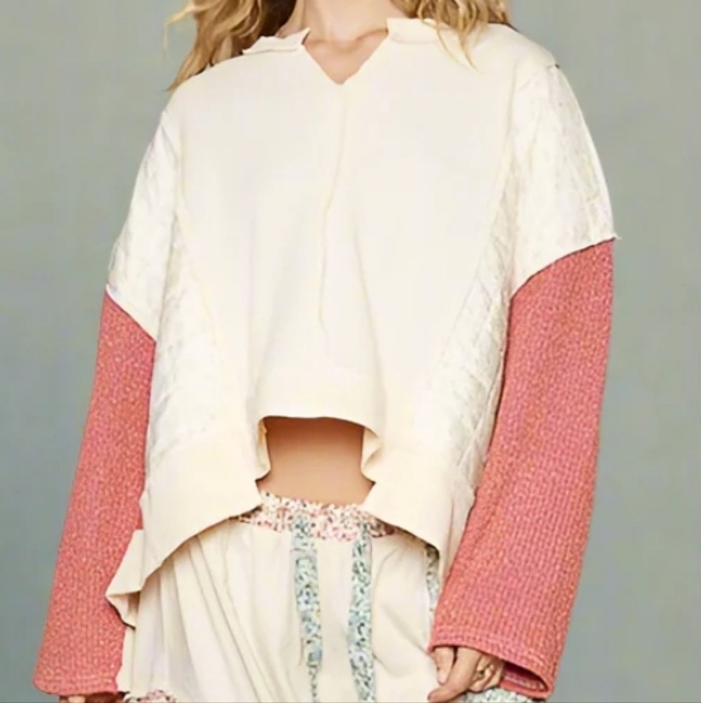 POL Floral Quilted Patchwork Tunic Top Cream Coral Boho Grandmacore Small